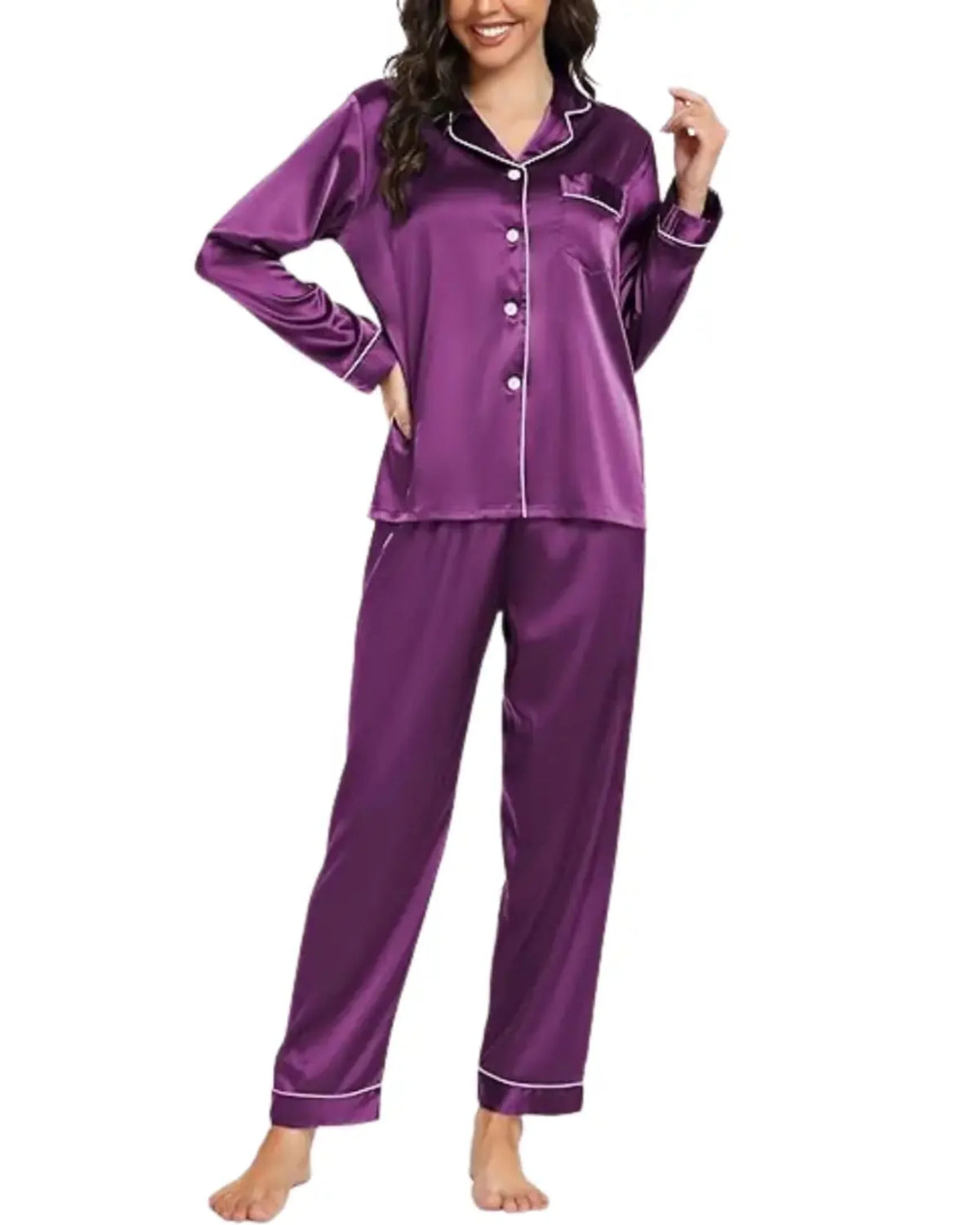 Elovery Purple Silk Satin Nightwear Pajama Set  _ Purple
