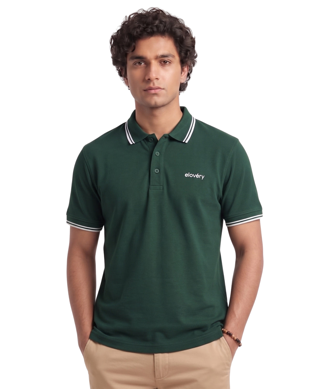 Men’s Green Rib-Knit Tipped Collar Polo Shirt
