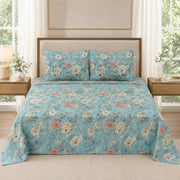 ELOVÉRY Blue Floral 100% Cotton Double Bedsheet Set with 2 Pillowcases