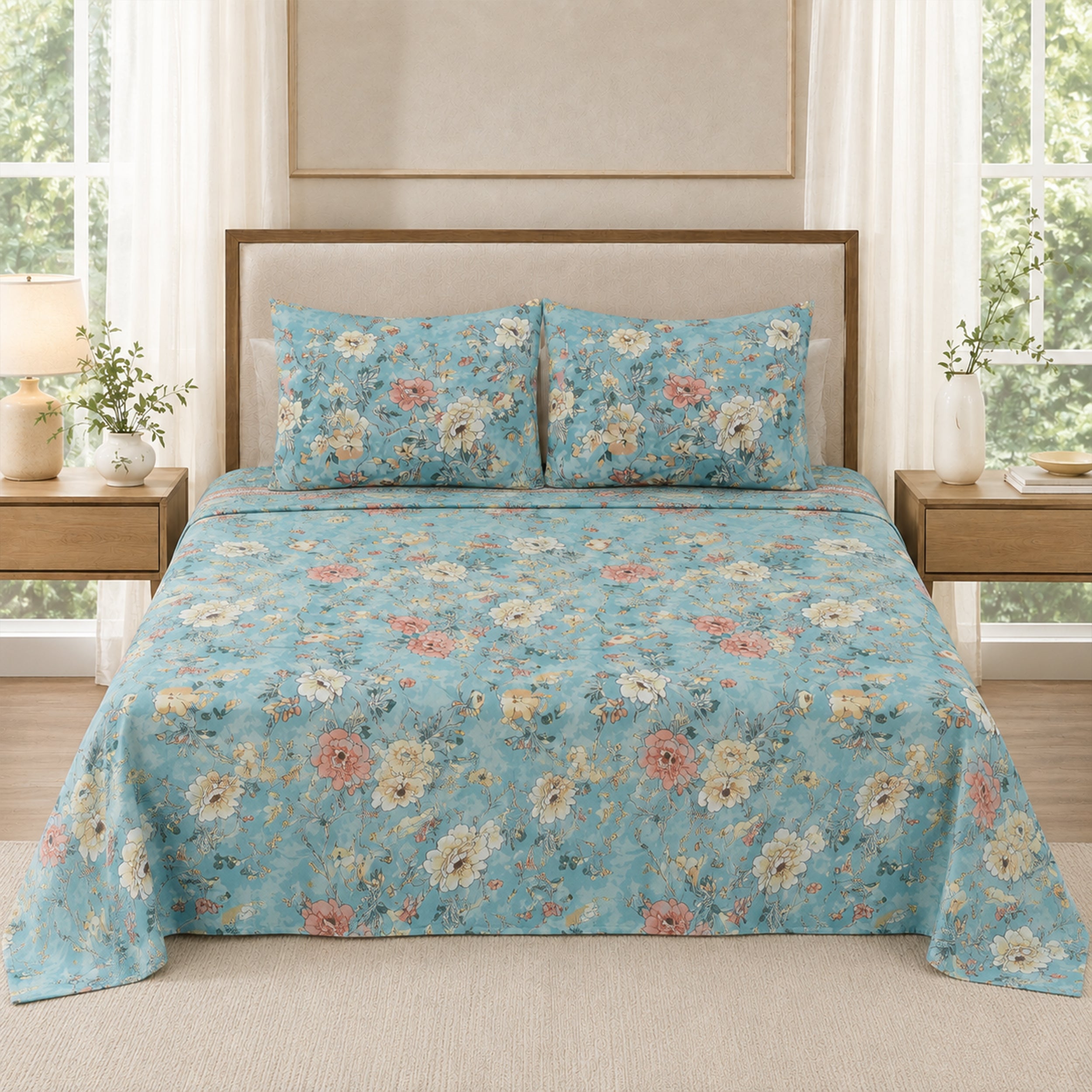 ELOVÉRY Blue Floral 100% Cotton Double Bedsheet Set with 2 Pillowcases