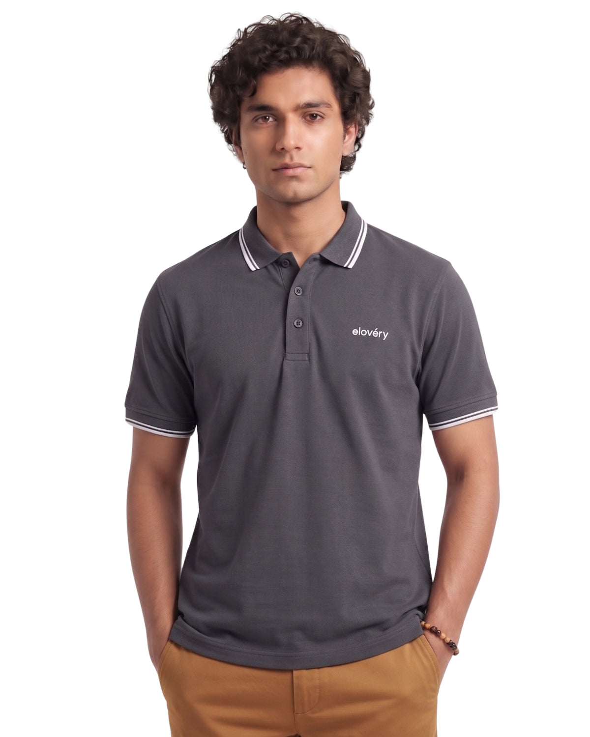 Men’s Grey Rib-Knit Tipped Collar Polo Shirt
