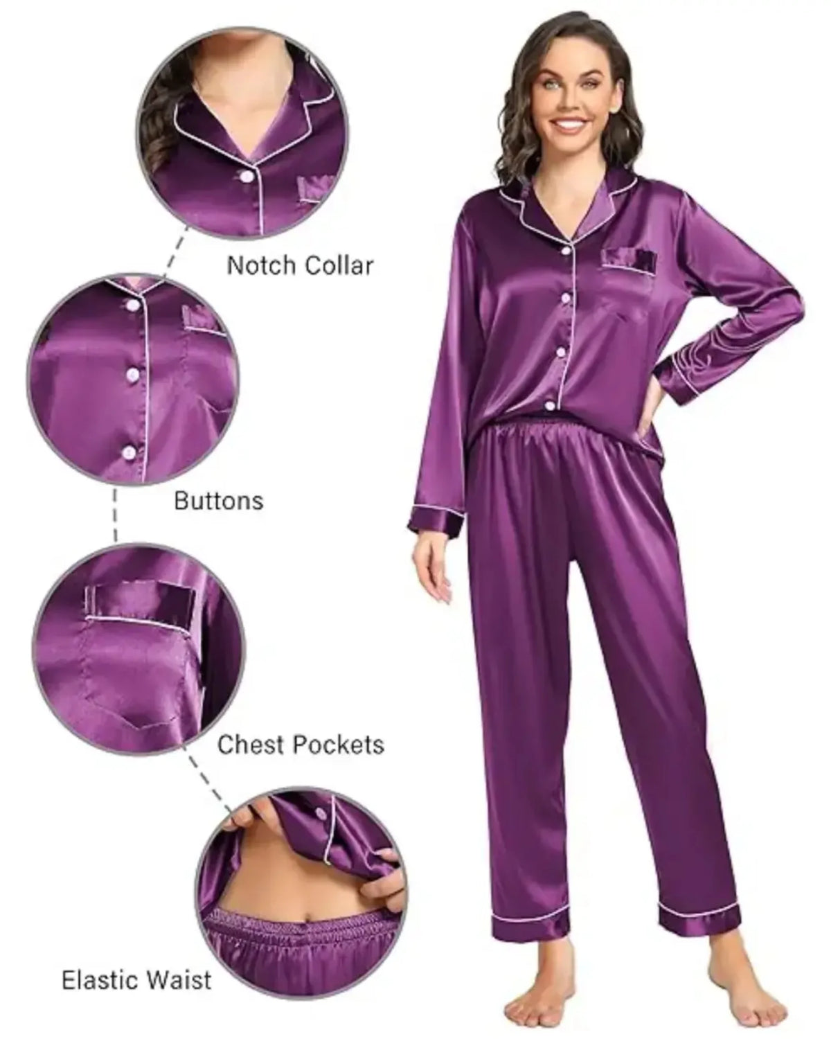 Elovery Purple Silk Satin Nightwear Pajama Set  _ Purple