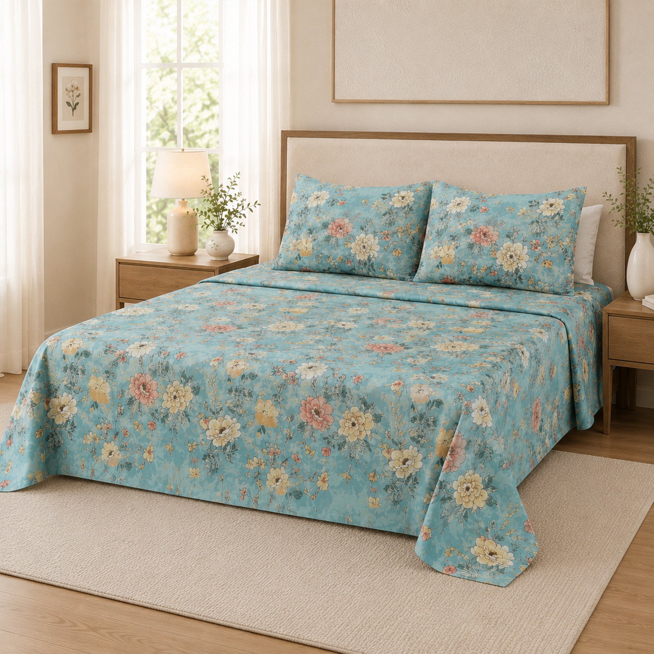 ELOVÉRY Blue Floral 100% Cotton Double Bedsheet Set with 2 Pillowcases