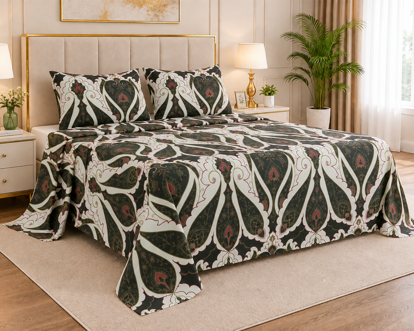 Elegant Paisley Print Sateen Double Bedsheet Set with 2 Pillowcases – 3 Piece