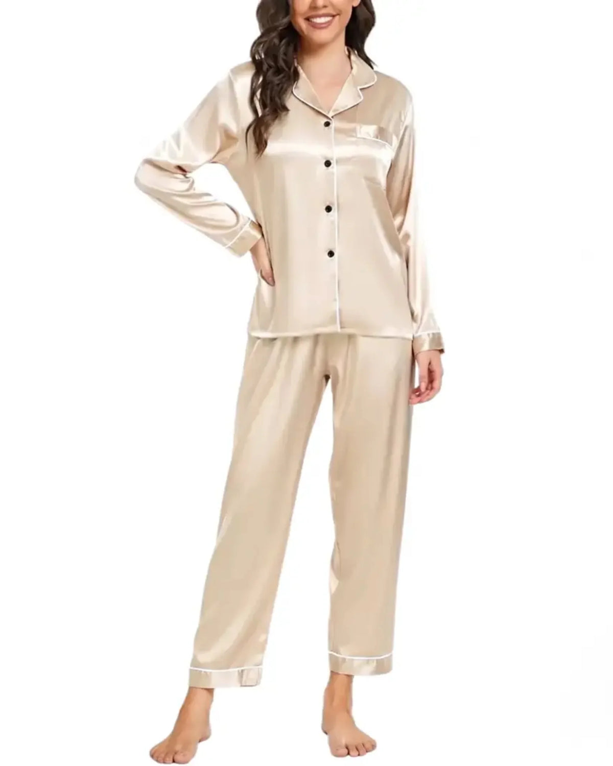 Elovery Beige Silk Satin Nightwear Pajama Set _ Off White