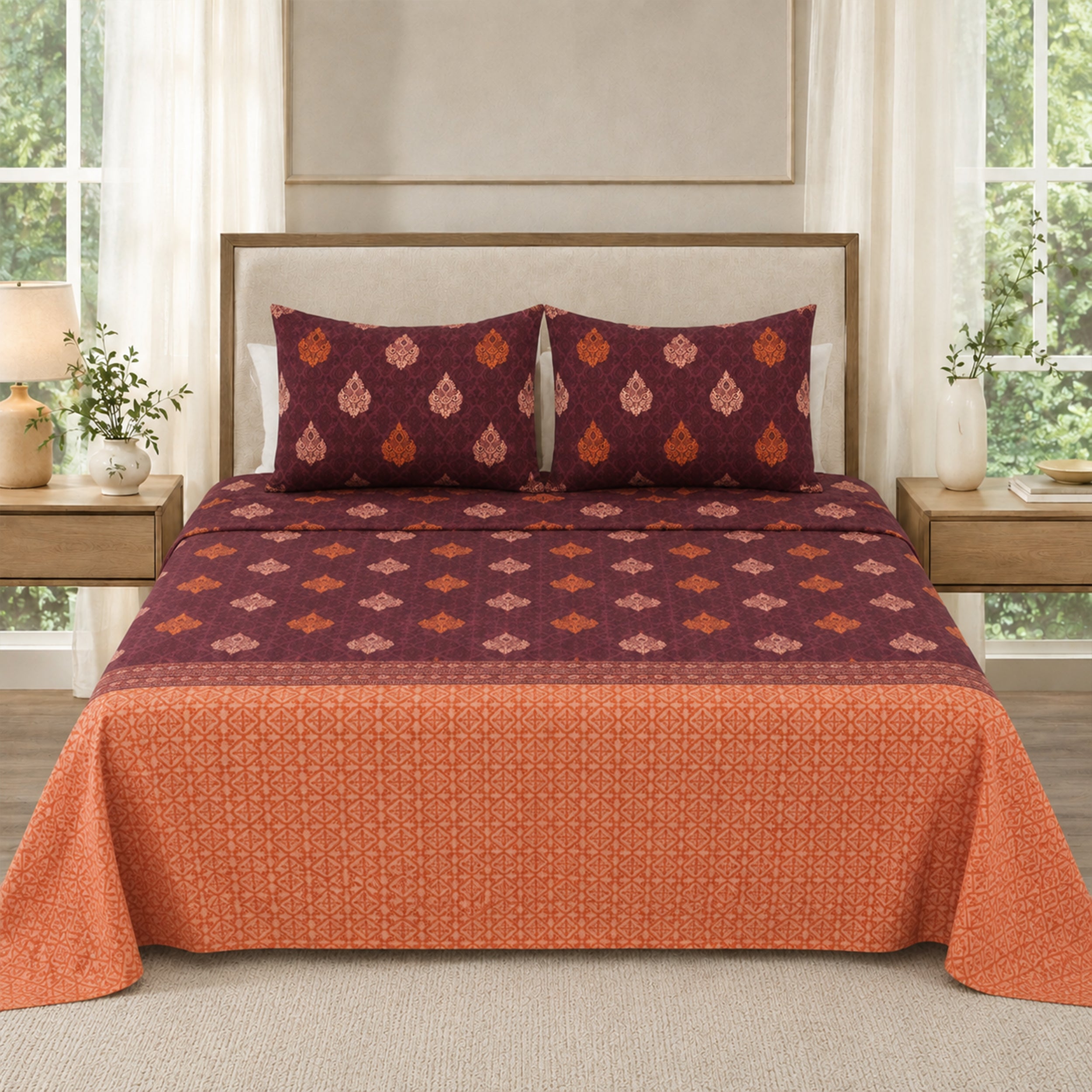 Stunning Red/Orange Combination of Comfort | Pure Cotton Double Bedsheet with 2 Pillowcases | Soft, Breathable Everyday Bedding Set