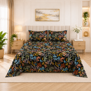 3 Piece Floral Garden Printed Sateen Double Bedsheet King Size With 2 Pillowcases