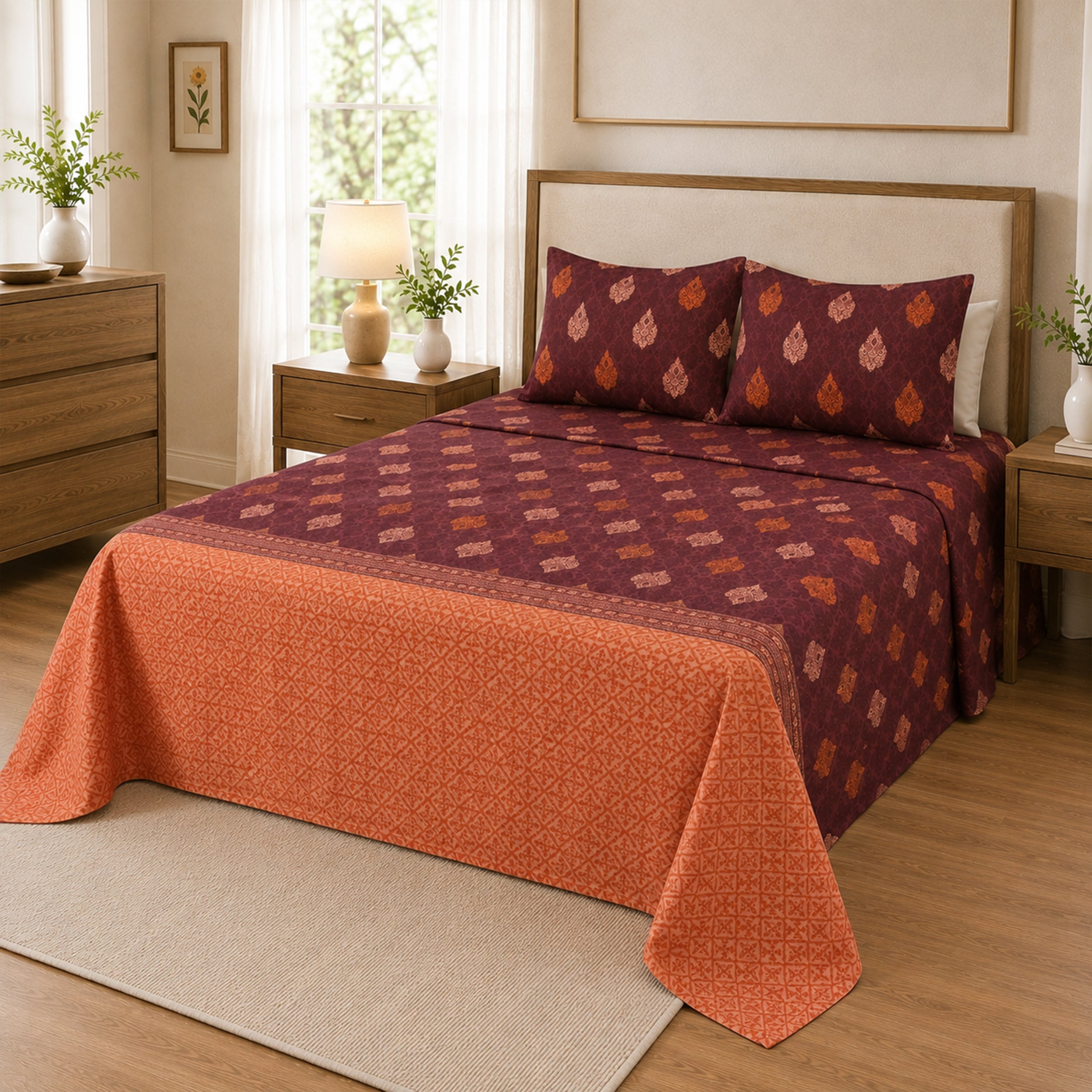 Stunning Red/Orange Combination of Comfort | Pure Cotton Double Bedsheet with 2 Pillowcases | Soft, Breathable Everyday Bedding Set