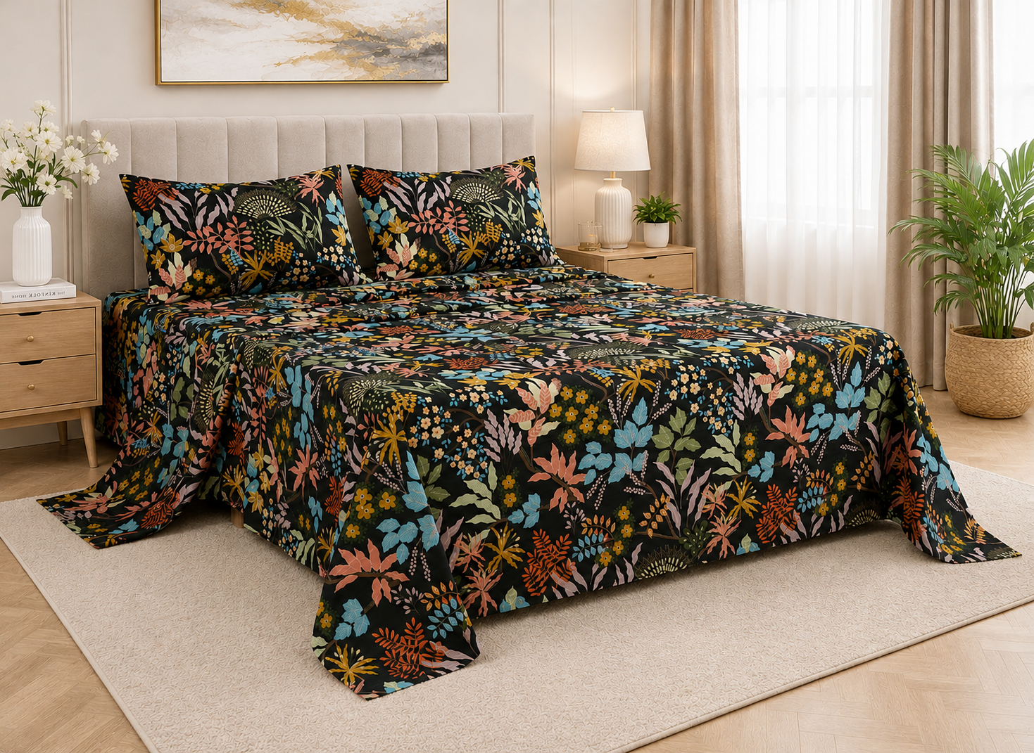 3 Piece Floral Garden Printed Sateen Double Bedsheet King Size With 2 Pillowcases