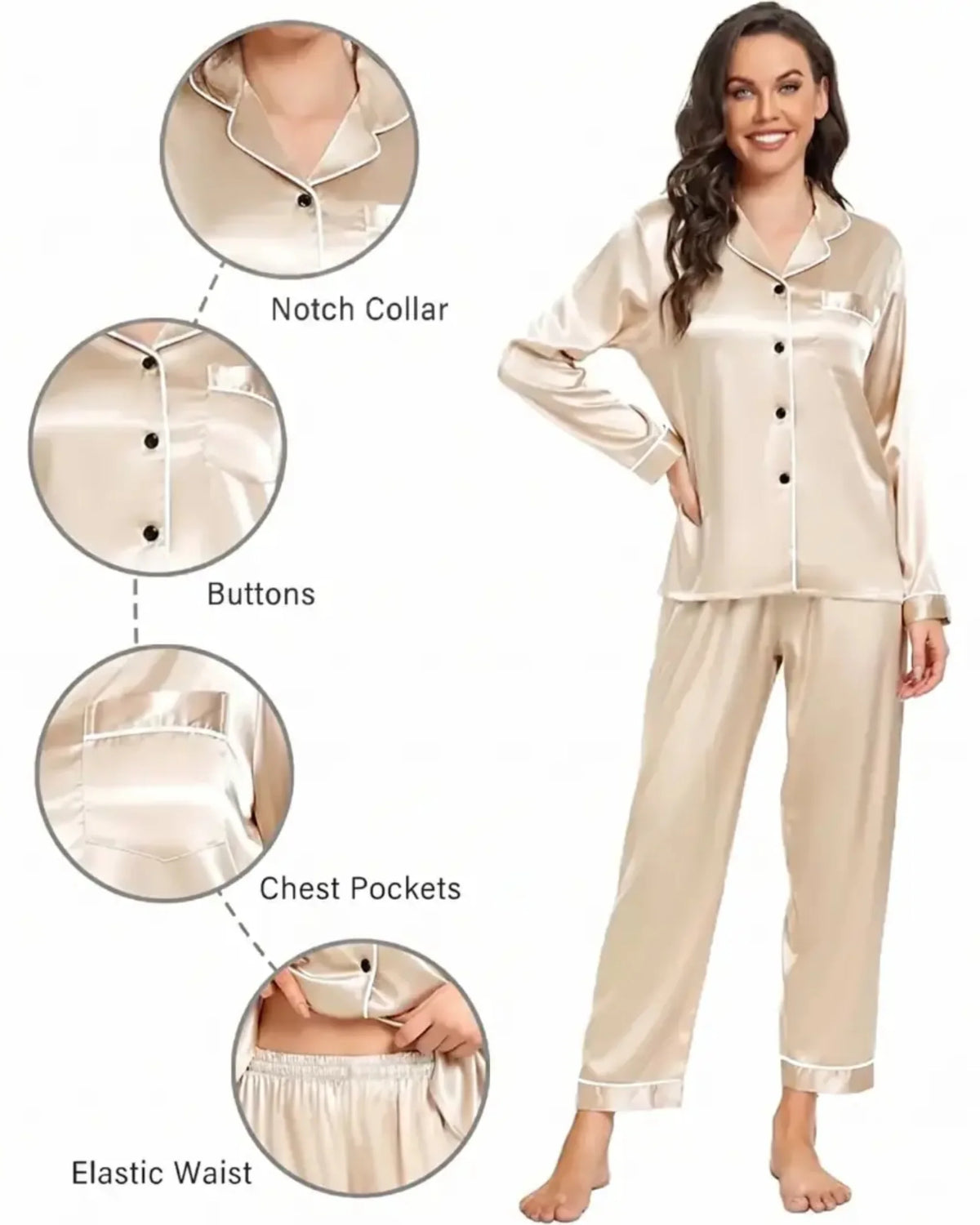 Elovery Beige Silk Satin Nightwear Pajama Set _ Off White