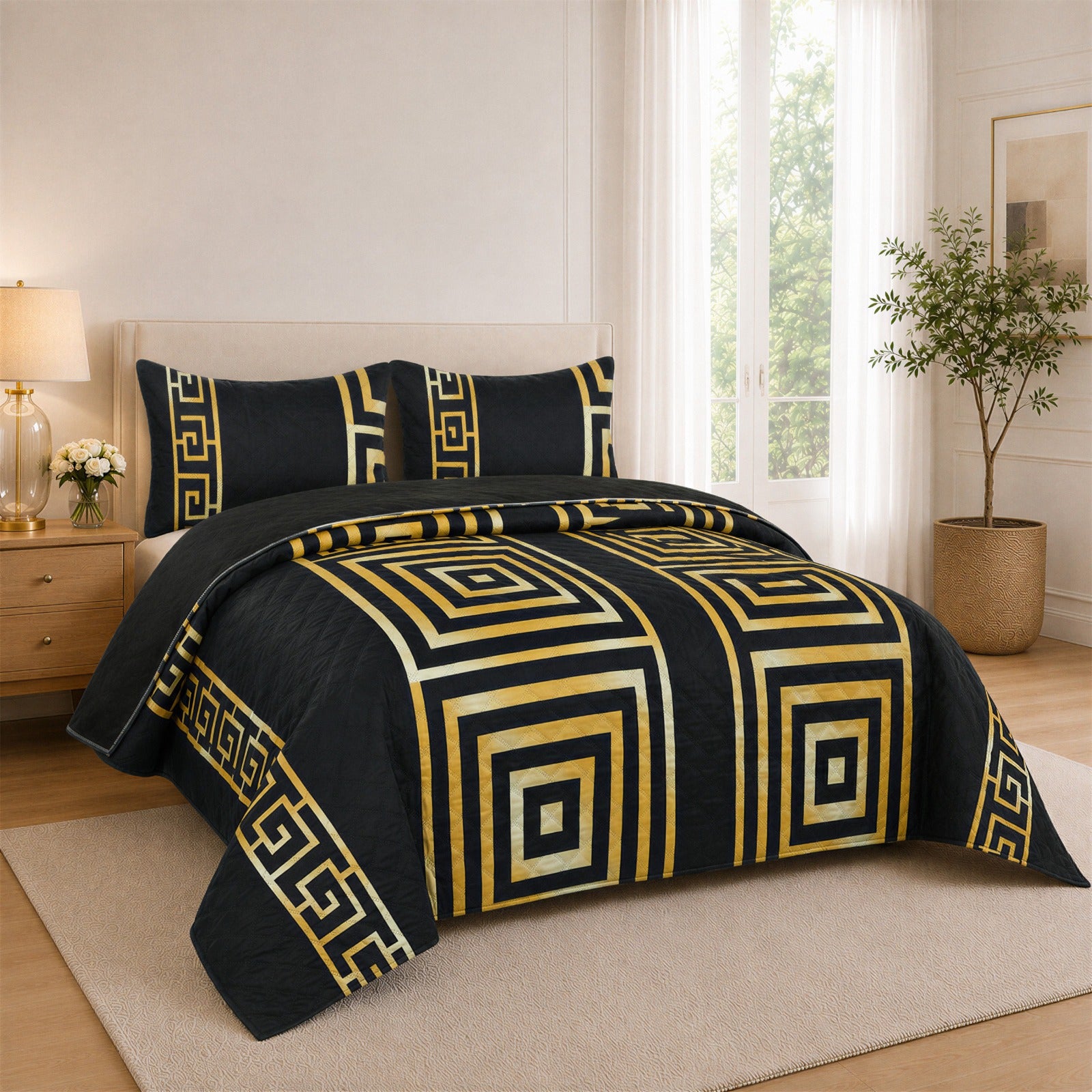 Premium Black & Gold Geometric Quilted Bedspread Set with 2 Pillow Covers