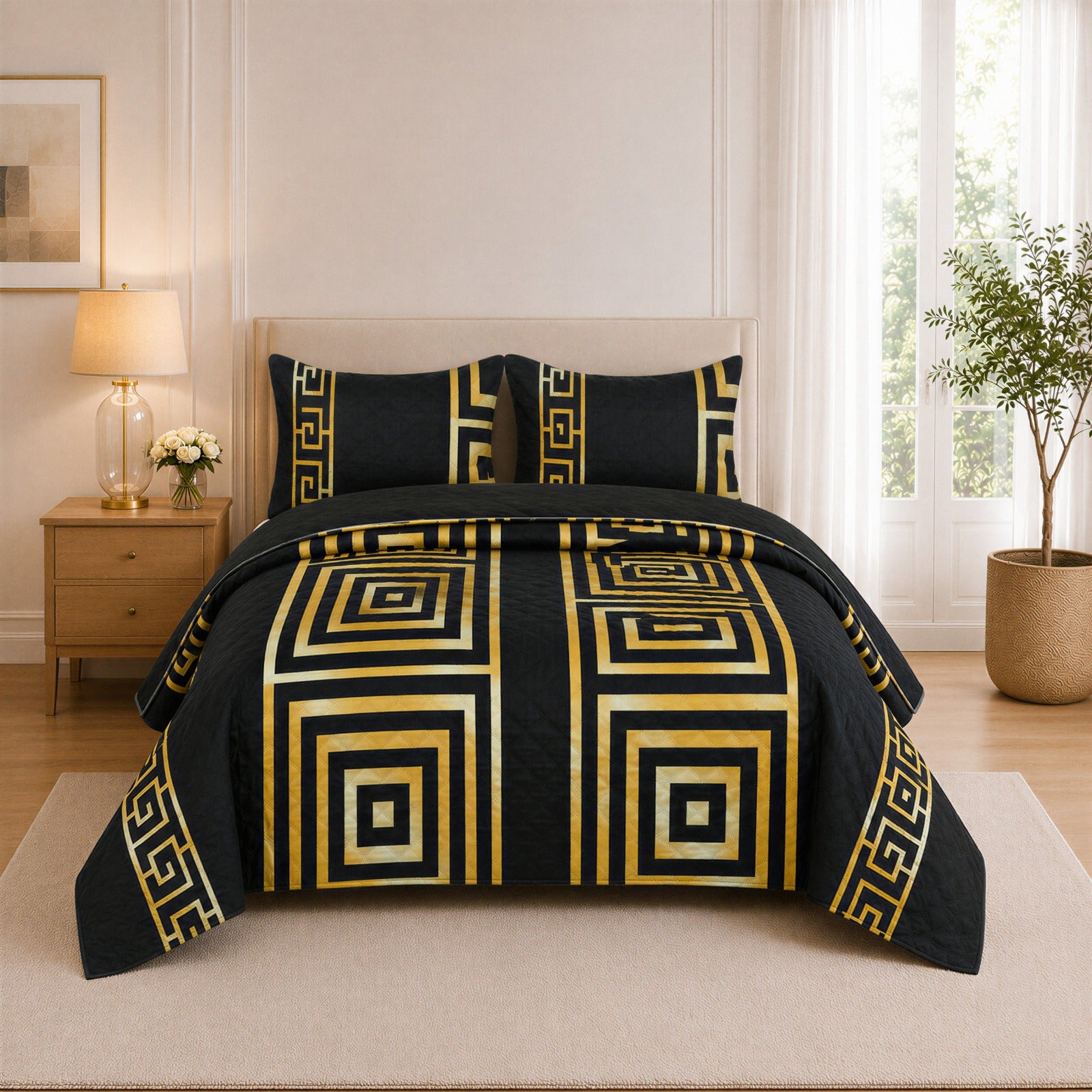 Premium Black & Gold Geometric Quilted Bedspread Set with 2 Pillow Covers