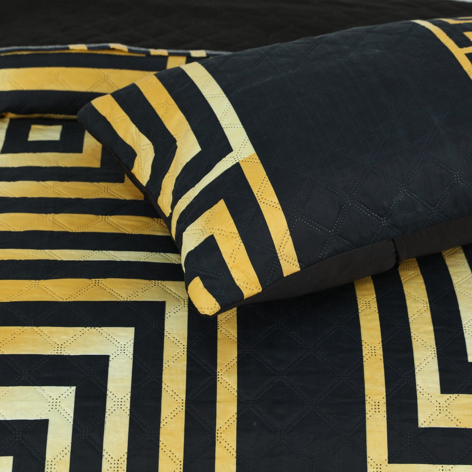 Premium Black & Gold Geometric Quilted Bedspread Set with 2 Pillow Covers