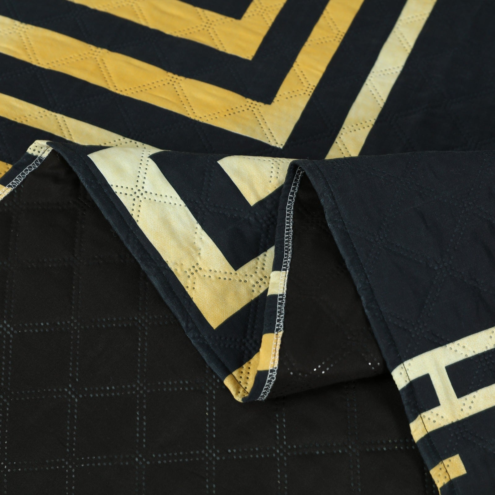 Premium Black & Gold Geometric Quilted Bedspread Set with 2 Pillow Covers