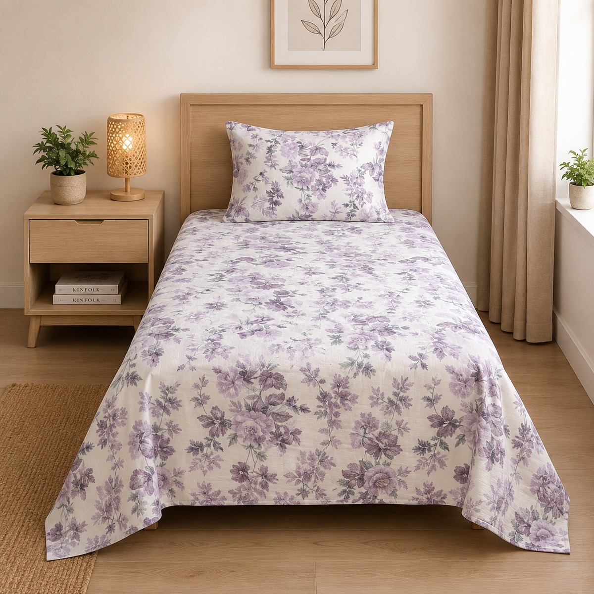 Lavender Floral Bedsheet Set – Soft Floral Print for Single & Double Beds with Pillow Casses