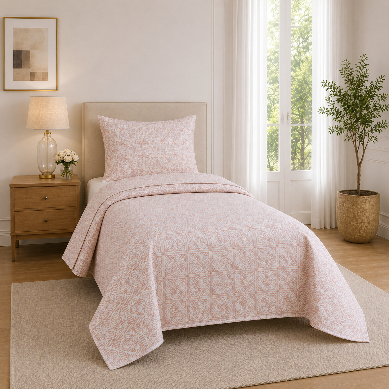 Peach & White Bedspread Set – 3 Piece Quilted Bedding Set with 2 Pillow Covers, Elegant Floral Pattern