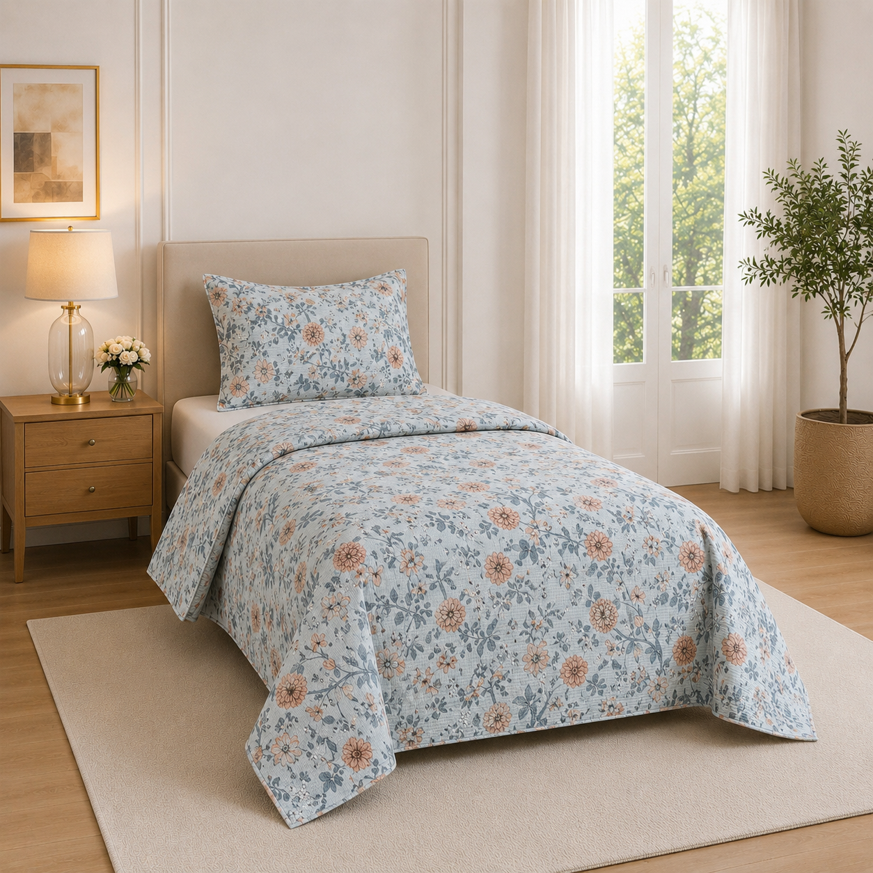 Floral Blue & Peach Quilted Bedspread Set – 3 Piece with 2 Pillow Covers