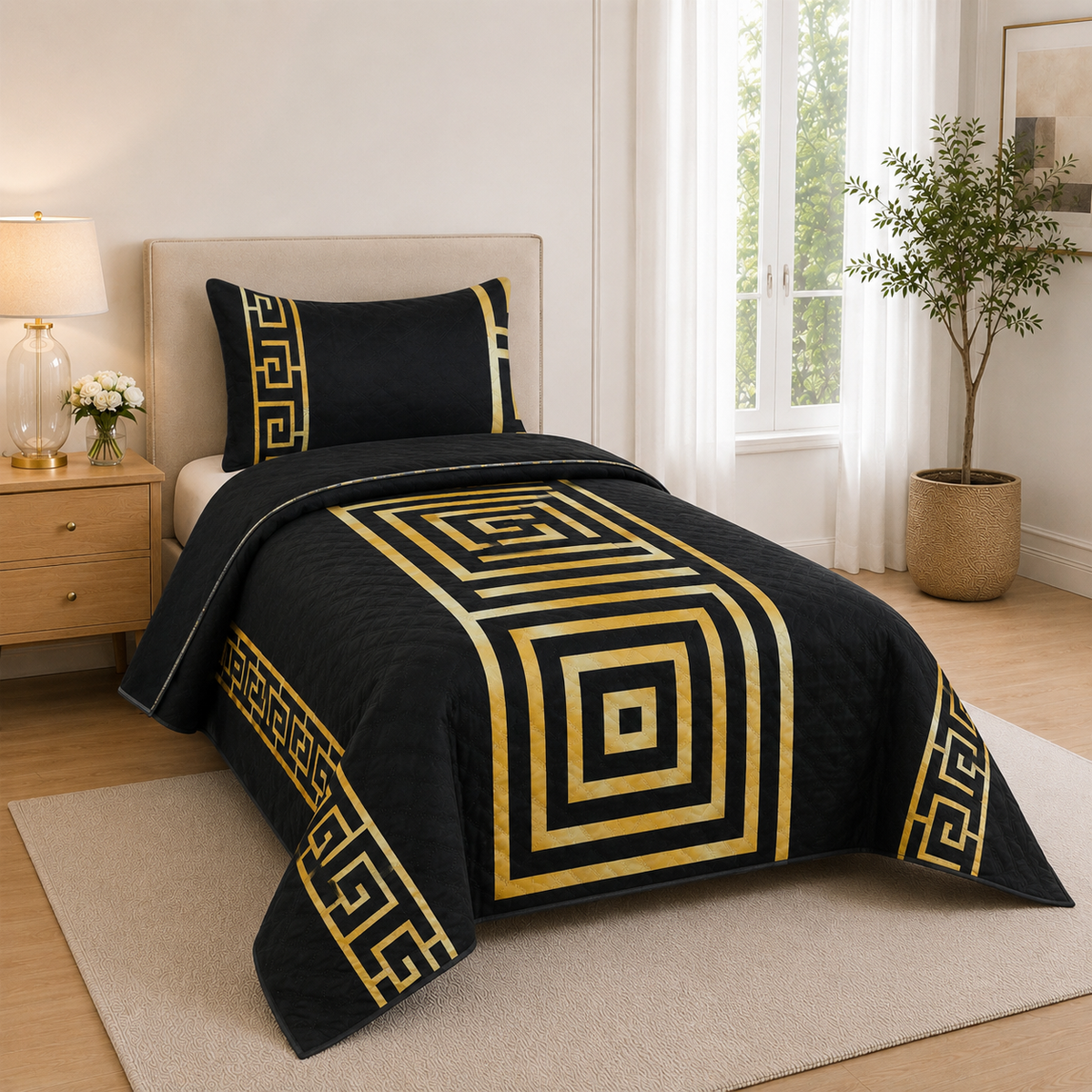 Premium 3 Pc Geometric Quilted - Bedspread Set & 2 Pillow Covers