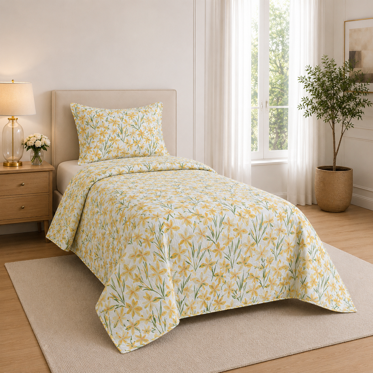 Yellow & Green Floral Quilted Bedspread Set with 2 Pillow Covers