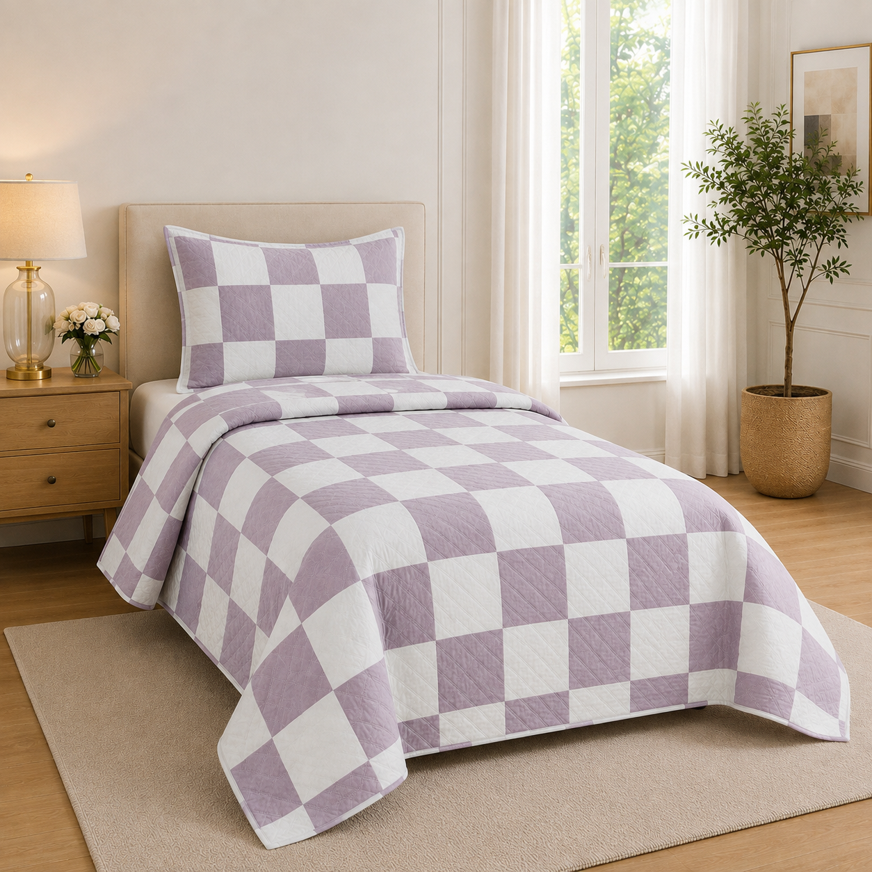 Purple & White Checkered Bedspread Set – 3 Piece Quilted Bedding Set with 2 Matching Pillow Covers
