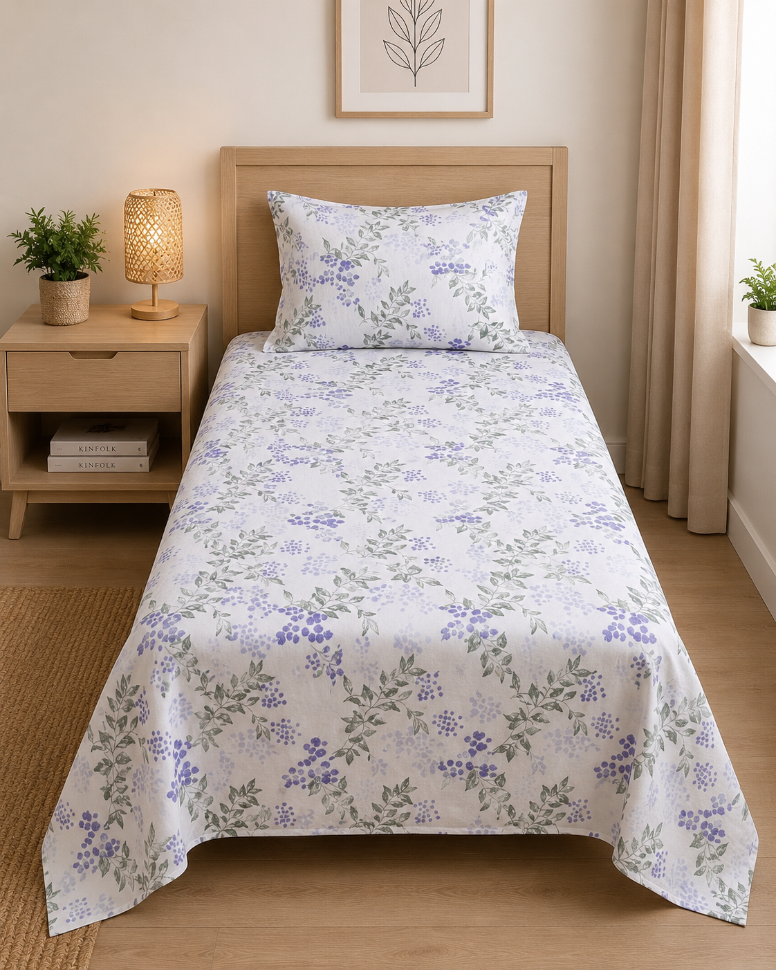 Botanical Lavender Berry Bedsheet Set – Floral Leaf Print for Single & Double Beds with 2 Pillowcases