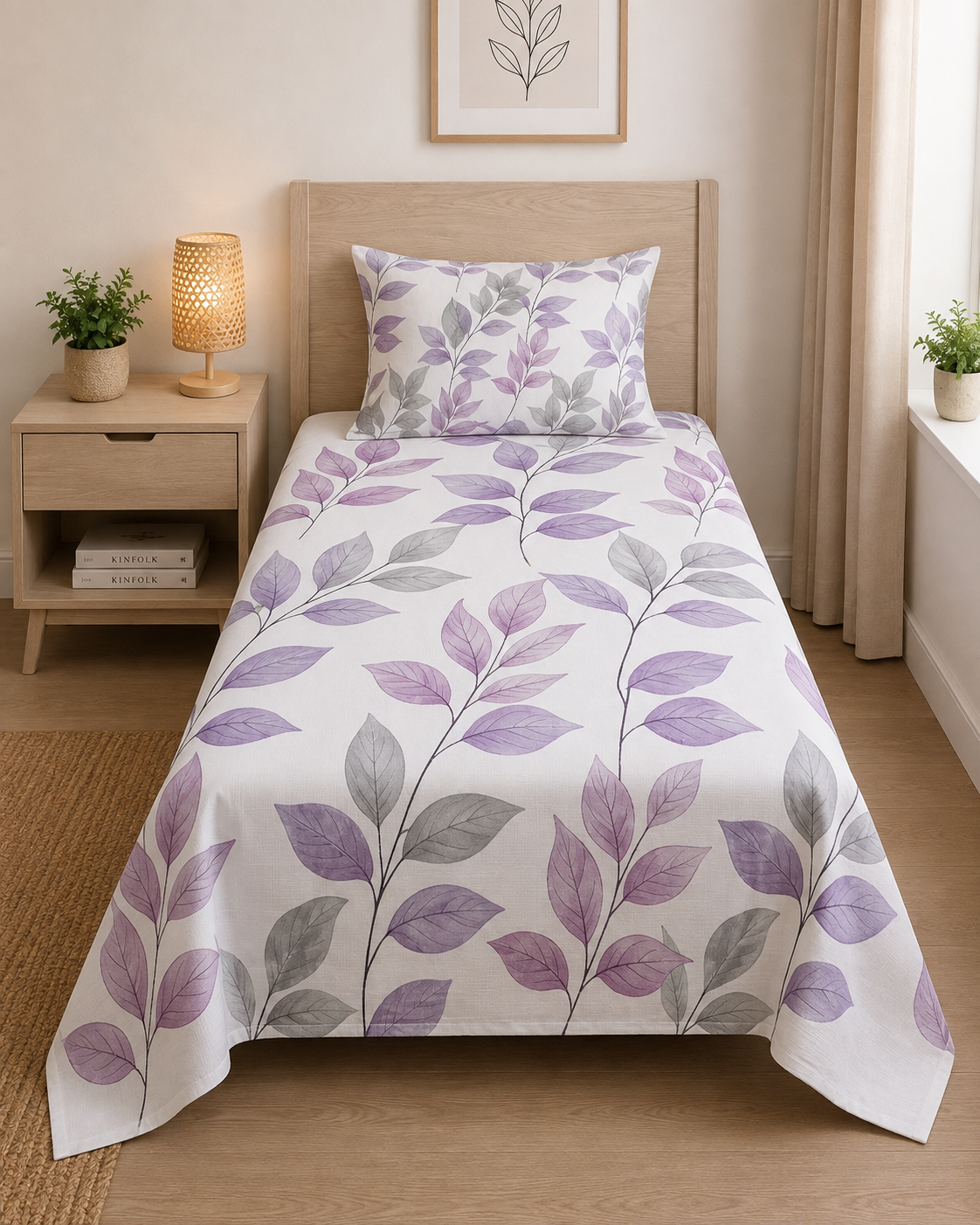Purple Leaf Pattern Bedsheet Set – Stylish Botanical Print for Single & Double Beds with 2 Pillowcases