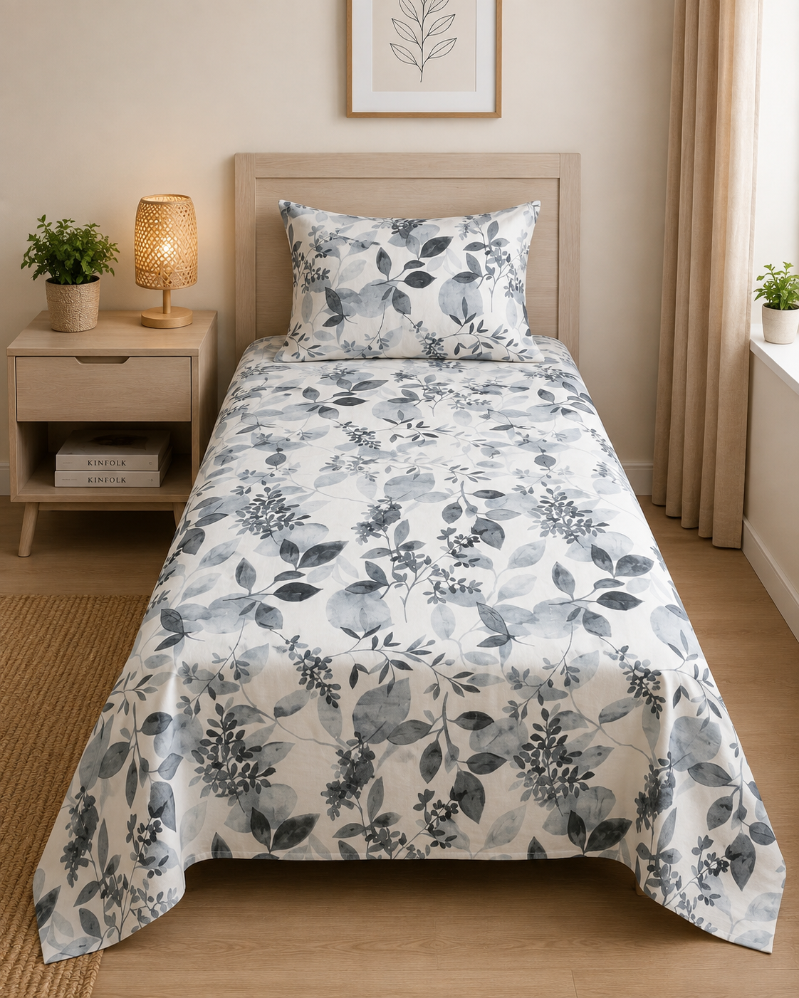 Grey Botanical Leaf Bedsheet Set – Floral Foliage Print for Single & Double Beds with 2 Pillowcases