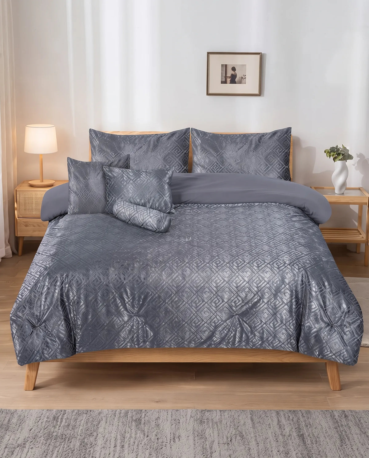 Elovery Dark Grey Velvet Jacquard 7-Piece Comforter Set