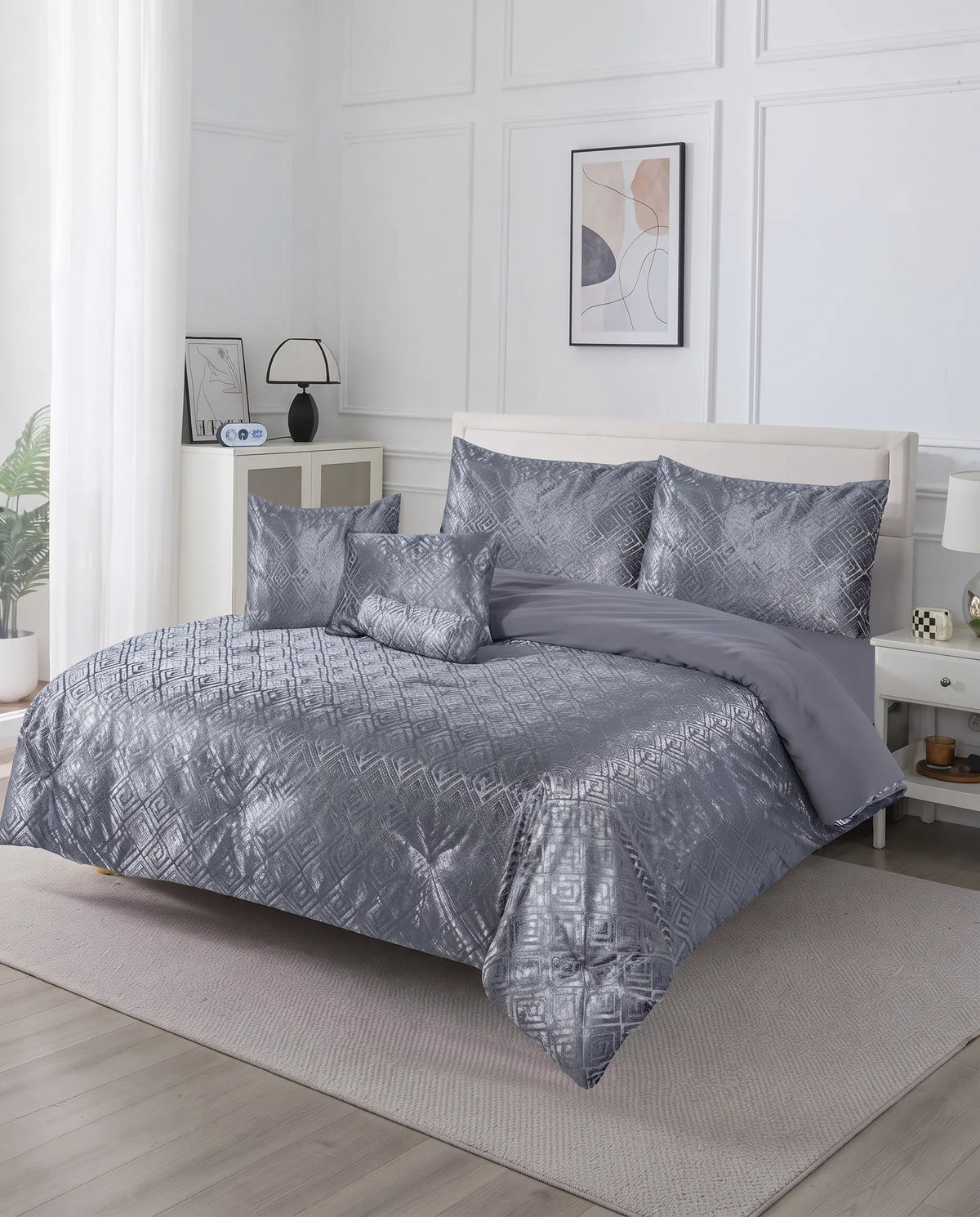 Elovery Silver Velvet Jacquard 7-Piece Comforter Set