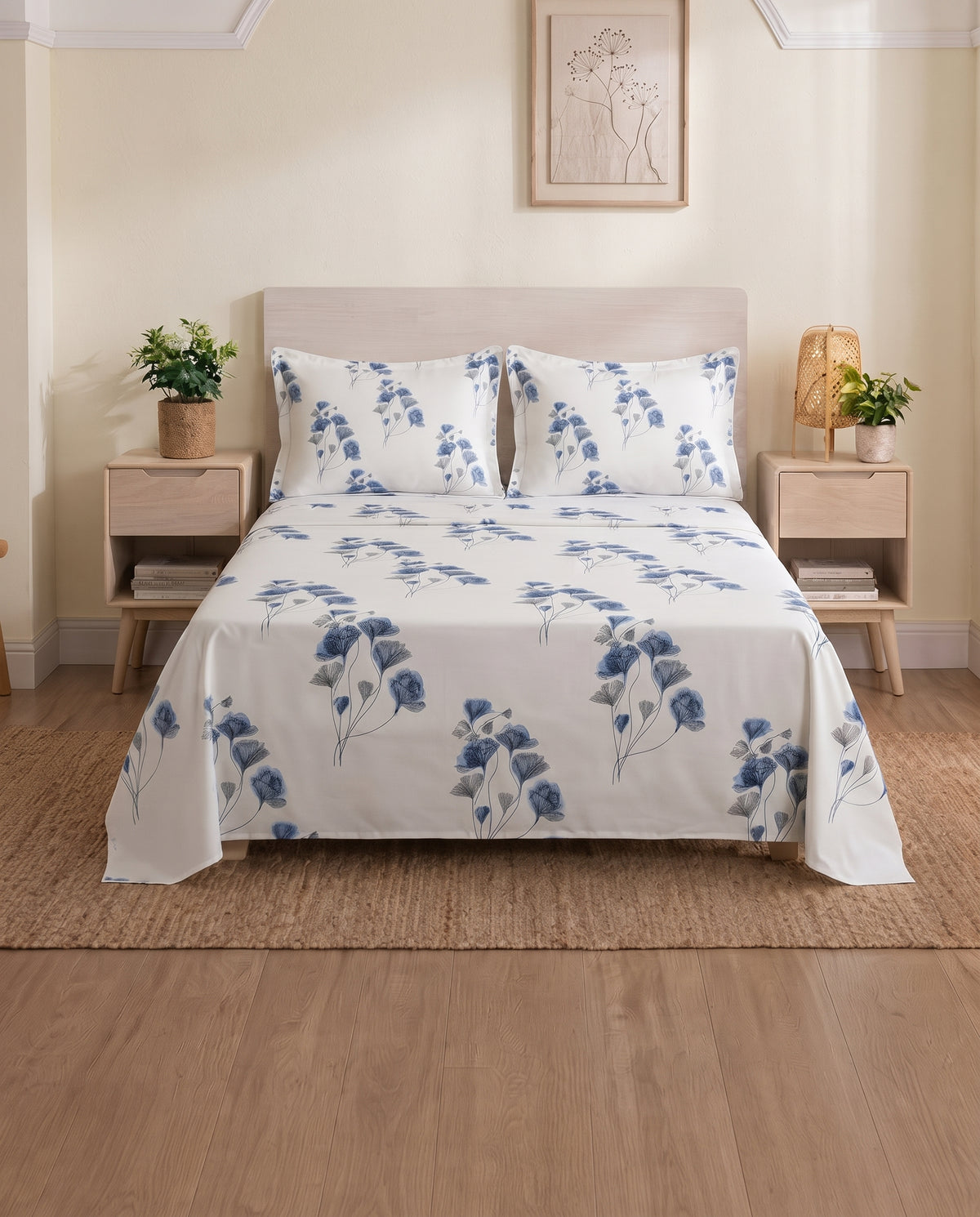 Blue Floral Cotton Bedsheet Set with pillowcase