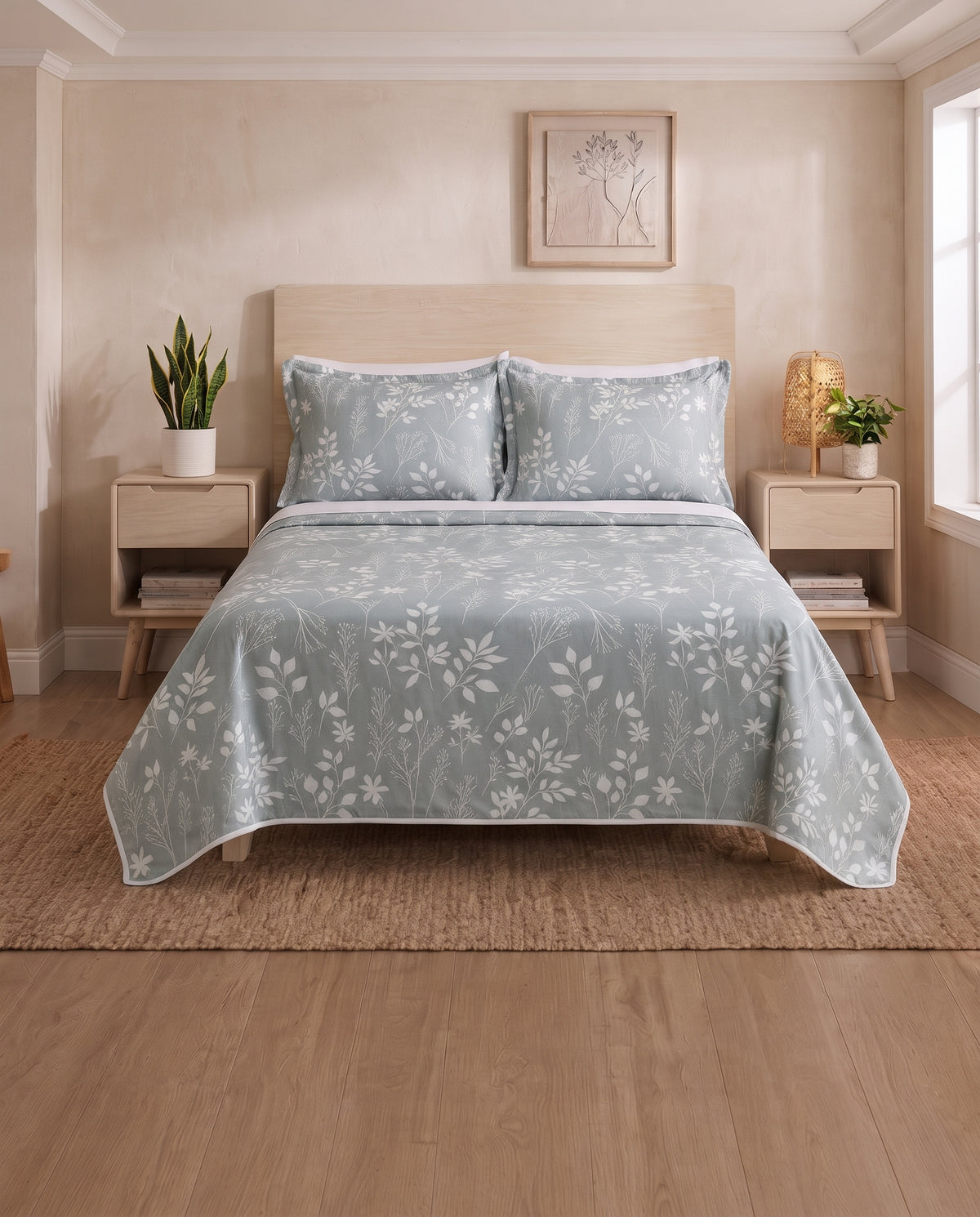Grey Floral Cotton Double Bedsheet Set  with pillow covers