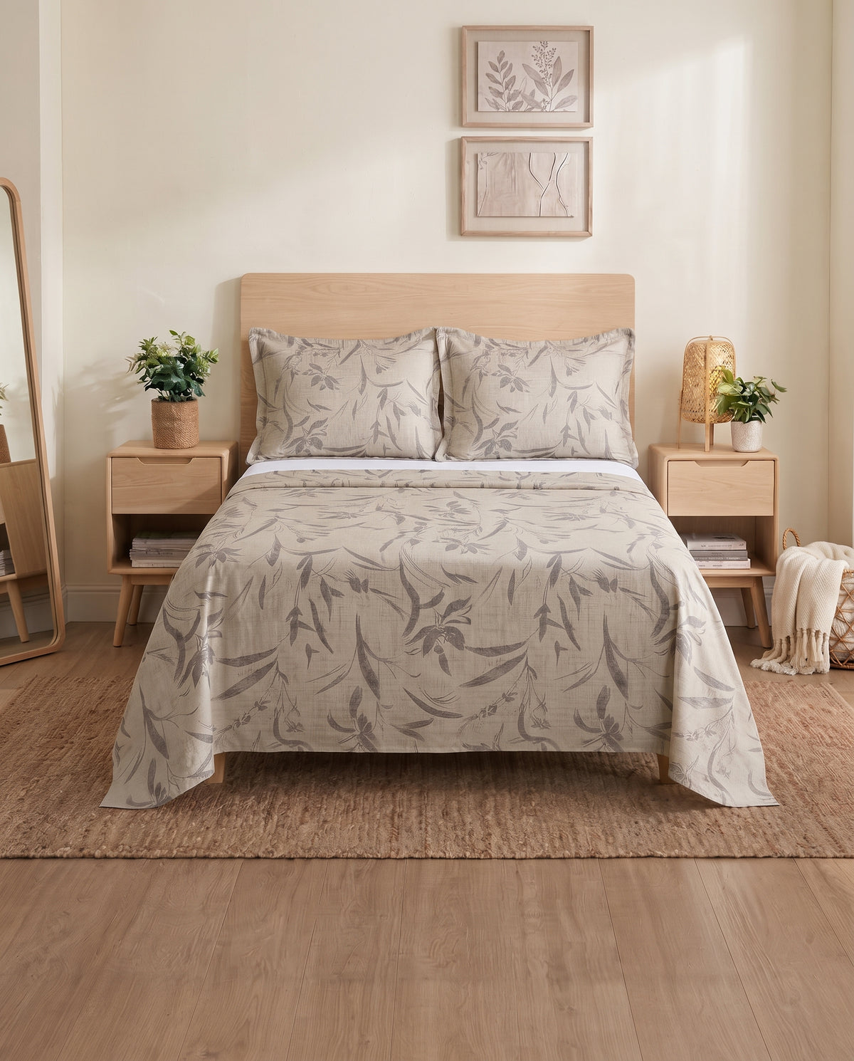 Beige Floral Bedsheet set with 2 same Pillowcases