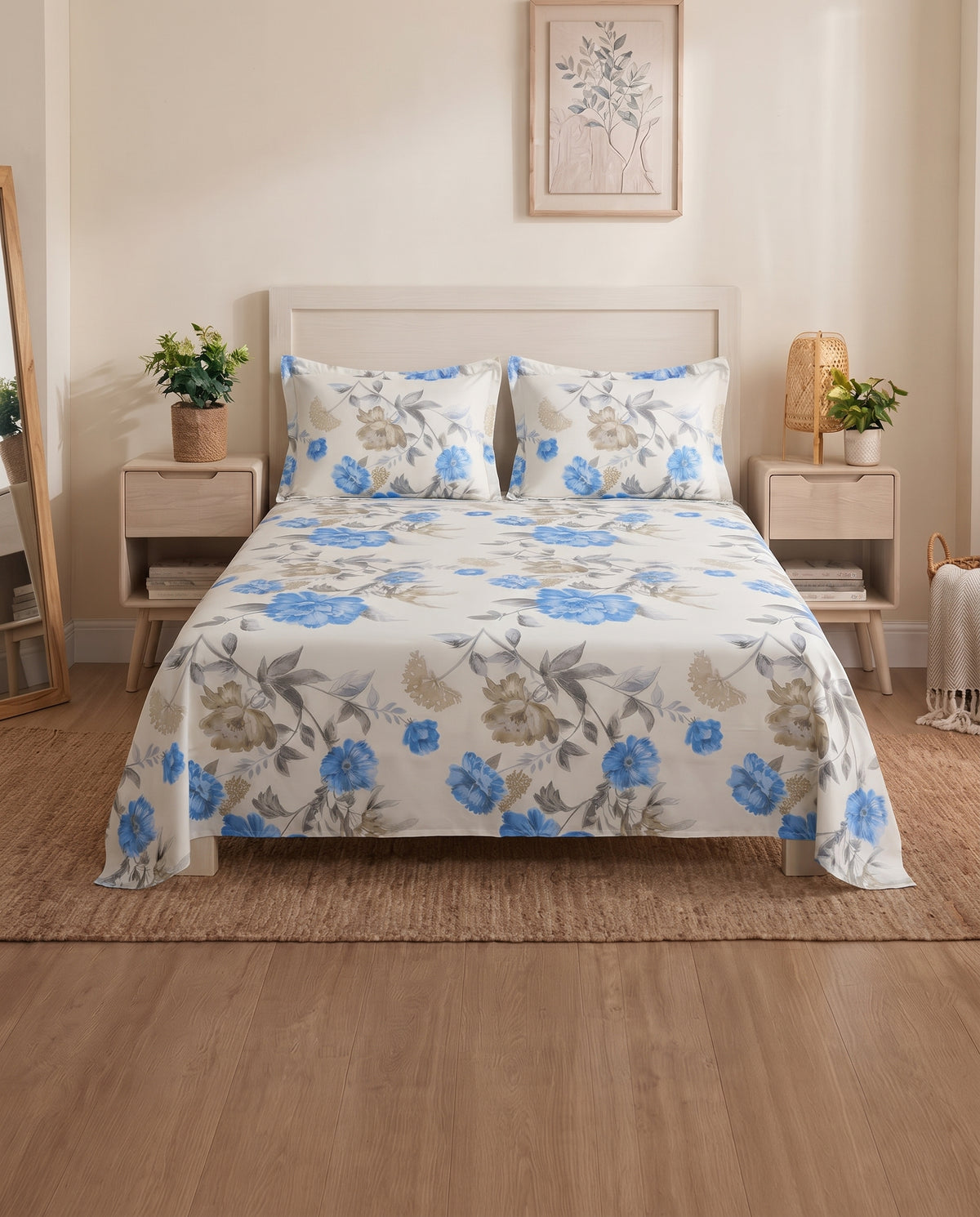 Cotton Floral Print Double Bedsheet Set with 2 pillows