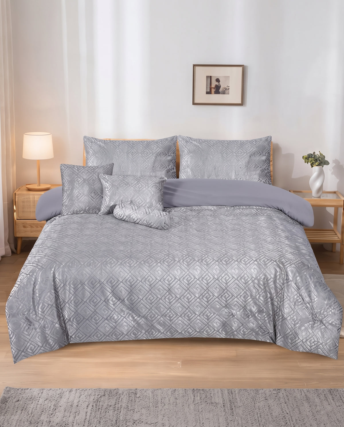 Elovery Silver Velvet Jacquard 7-Piece Comforter Set