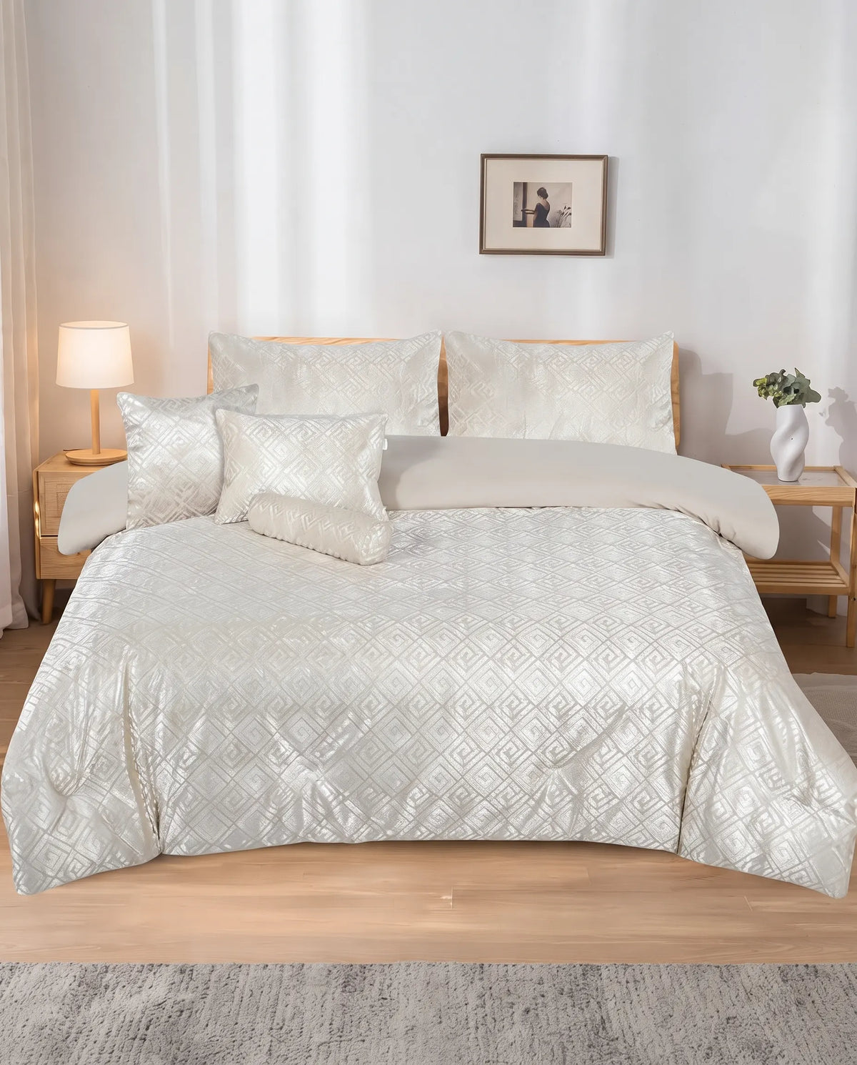 Elovery Cream Velvet Jacquard 7-Piece Comforter Set
