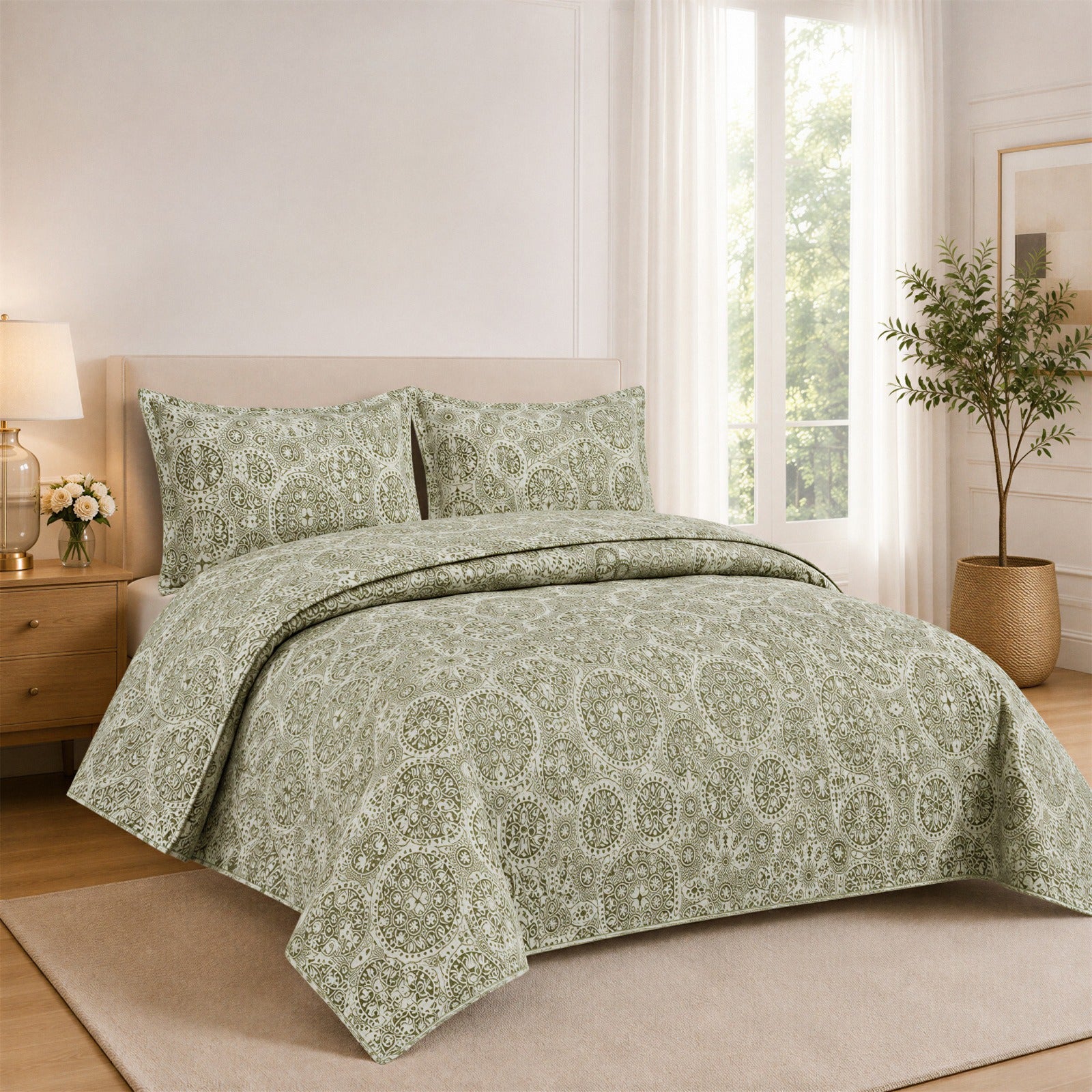 Sage Green Printed Quilted Bedspread Set with 2 Pillow Covers