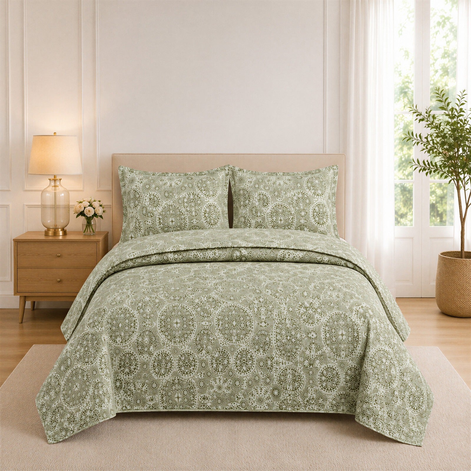 Sage Green Printed Quilted Bedspread Set with 2 Pillow Covers
