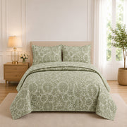Sage Green Printed Quilted Bedspread Set with 2 Pillow Covers