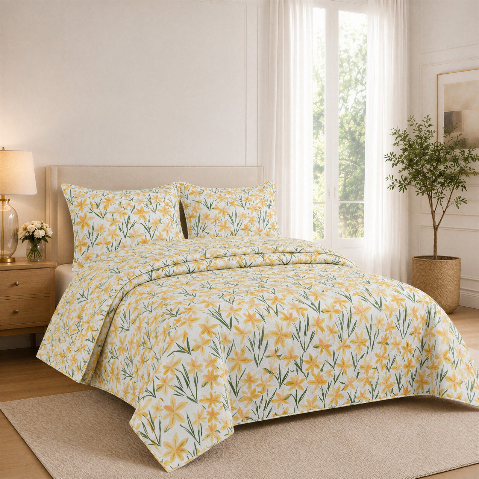 Yellow & Green Floral Quilted Bedspread Set with 2 Pillow Covers