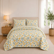 Yellow & Green Floral Quilted Bedspread Set with 2 Pillow Covers