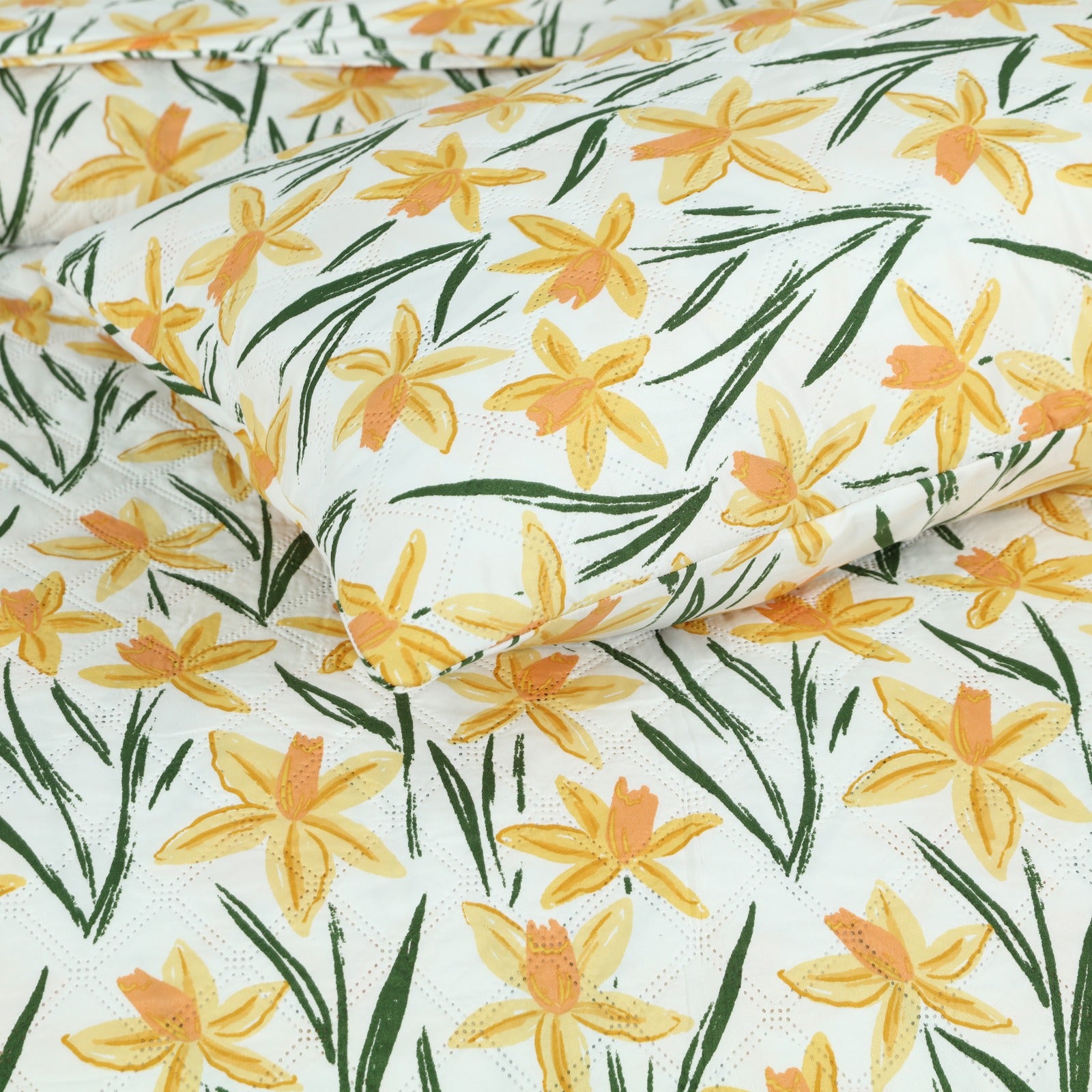 Yellow & Green Floral Quilted Bedspread Set with 2 Pillow Covers