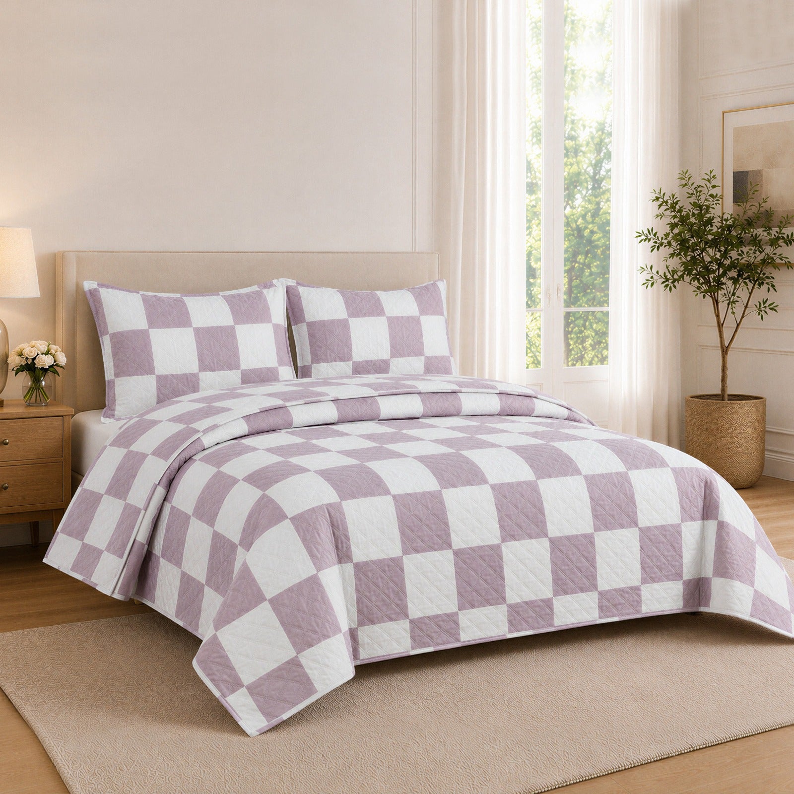 Purple & White Checkered Bedspread Set – 3 Piece Quilted Bedding Set with 2 Matching Pillow Covers