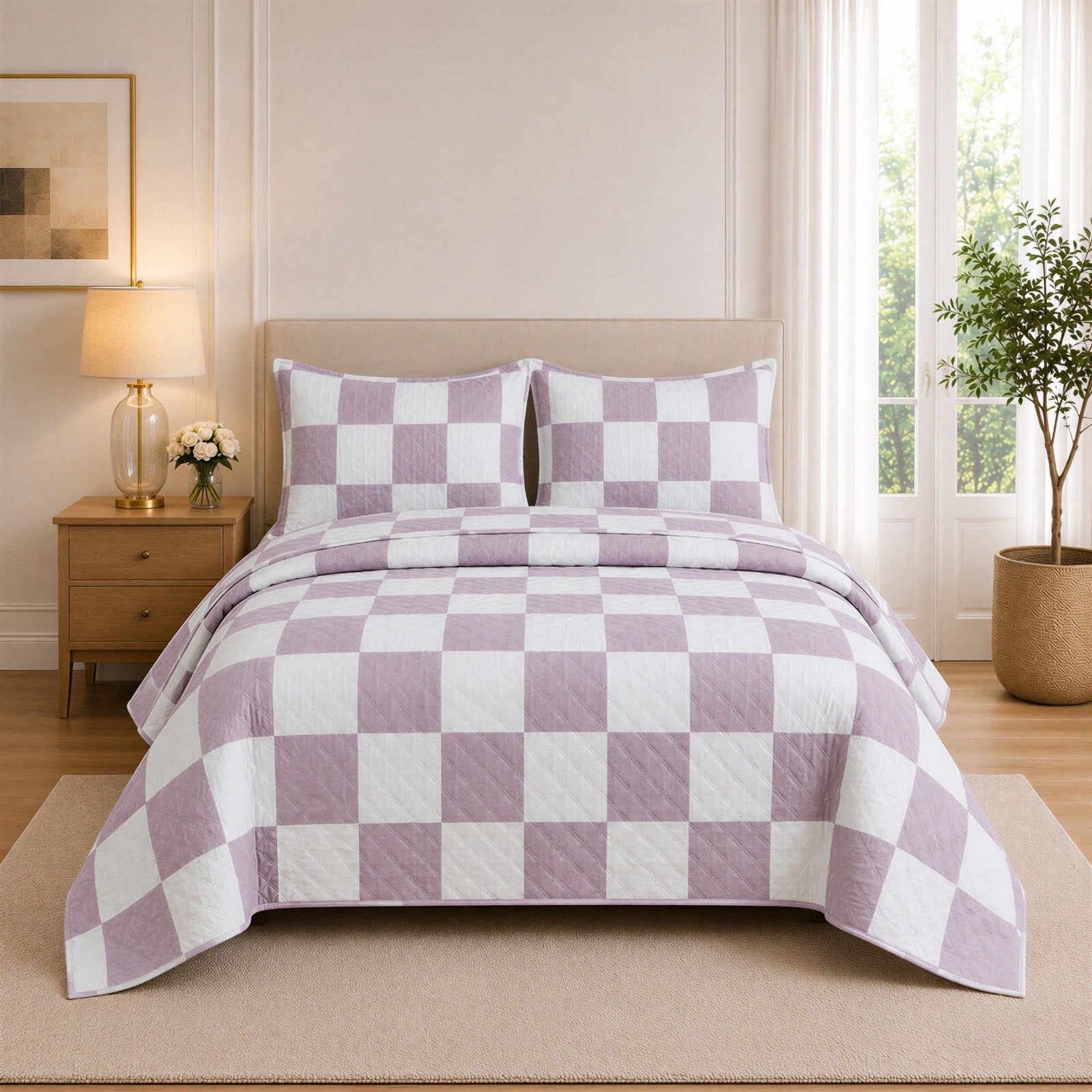 Purple & White Checkered Bedspread Set – 3 Piece Quilted Bedding Set with 2 Matching Pillow Covers