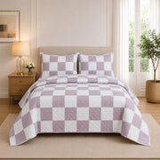 Purple & White Checkered Bedspread Set – 3 Piece Quilted Bedding Set with 2 Matching Pillow Covers