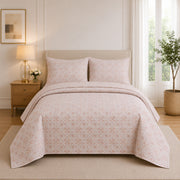 Peach & White Bedspread Set – 3 Piece Quilted Bedding Set with 2 Pillow Covers, Elegant Floral Pattern