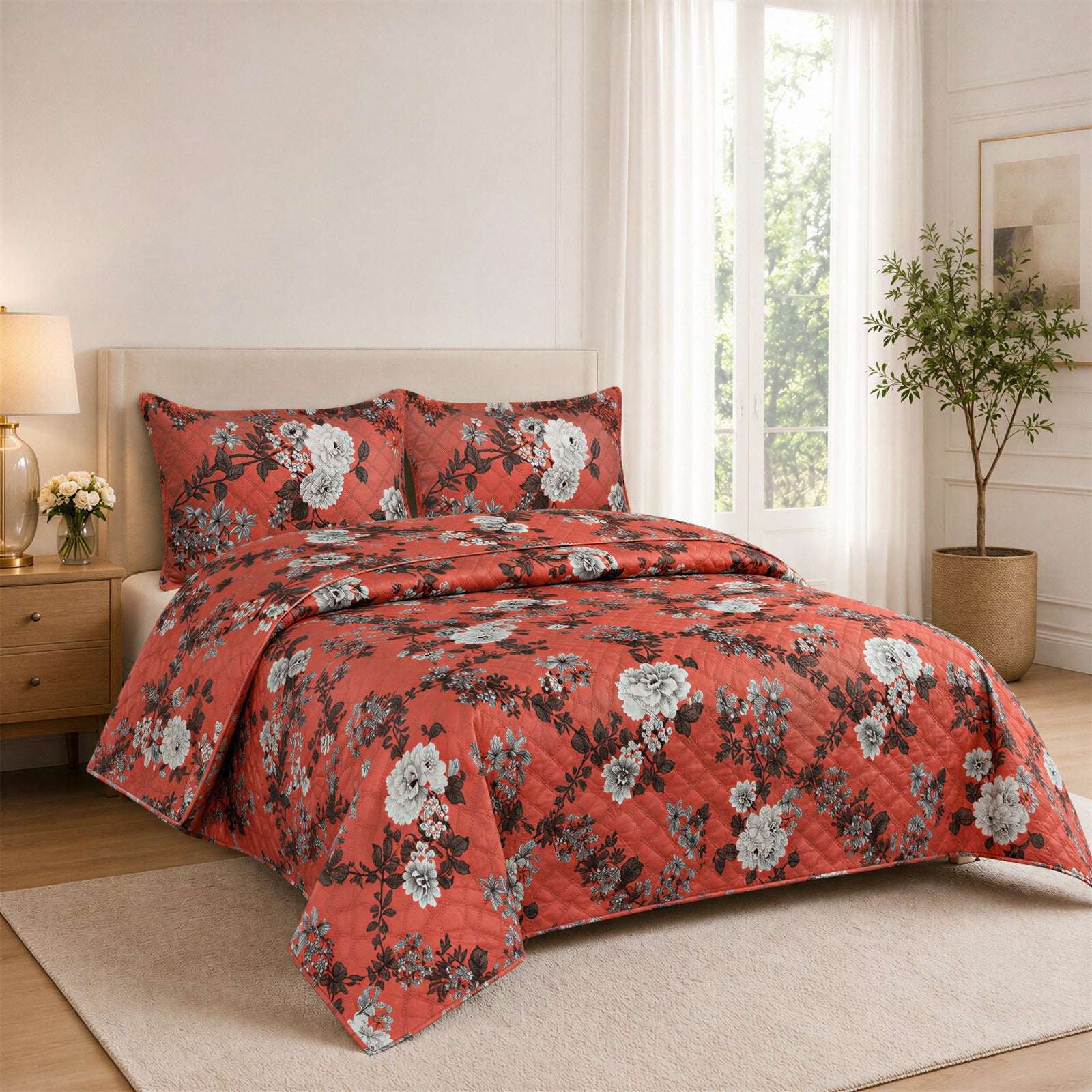 Red Floral Printed Quilted Bedspread Set with 2 Pillow Covers