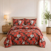 Red Floral Printed Quilted Bedspread Set with 2 Pillow Covers