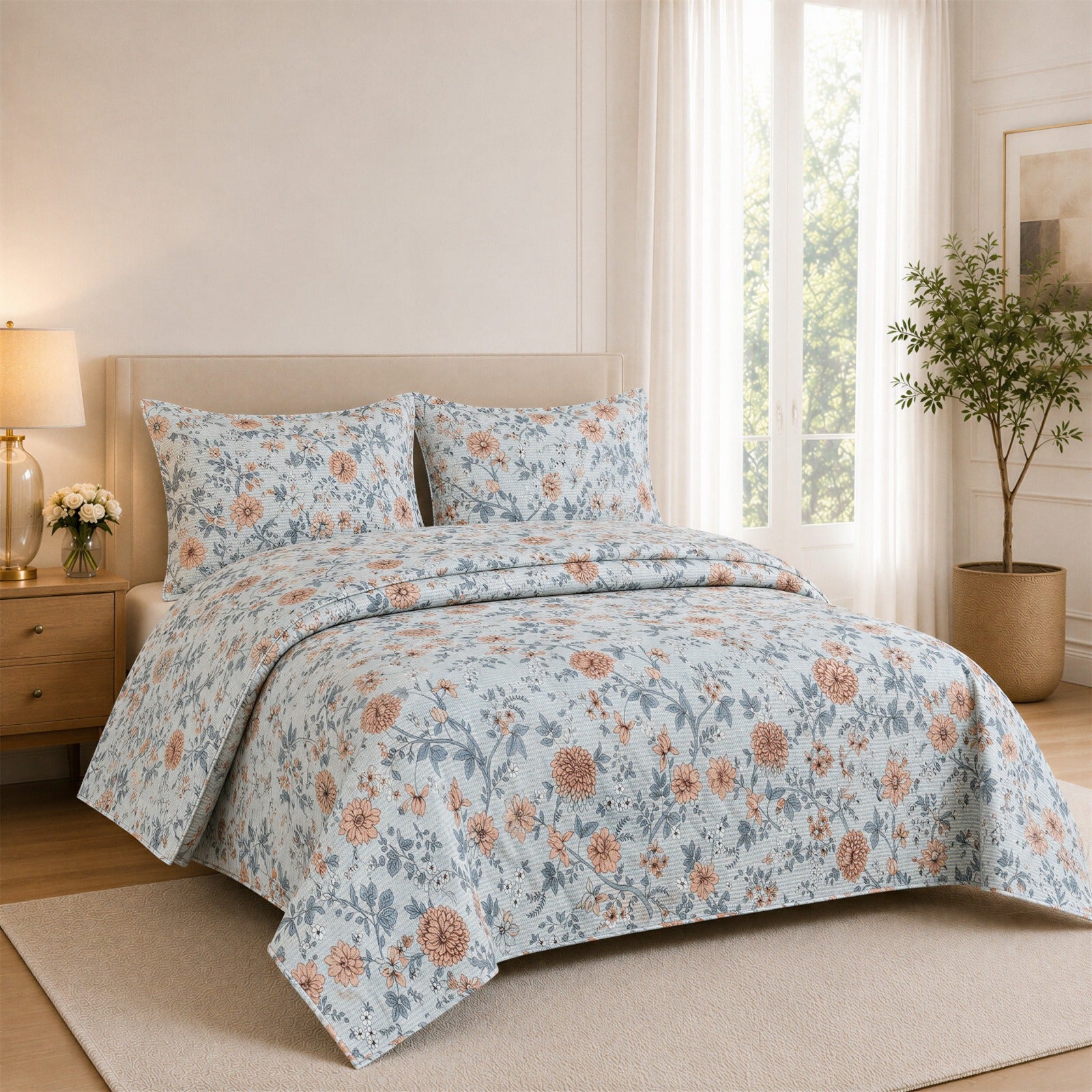 Floral Blue & Peach Quilted Bedspread Set – 3 Piece with 2 Pillow Covers