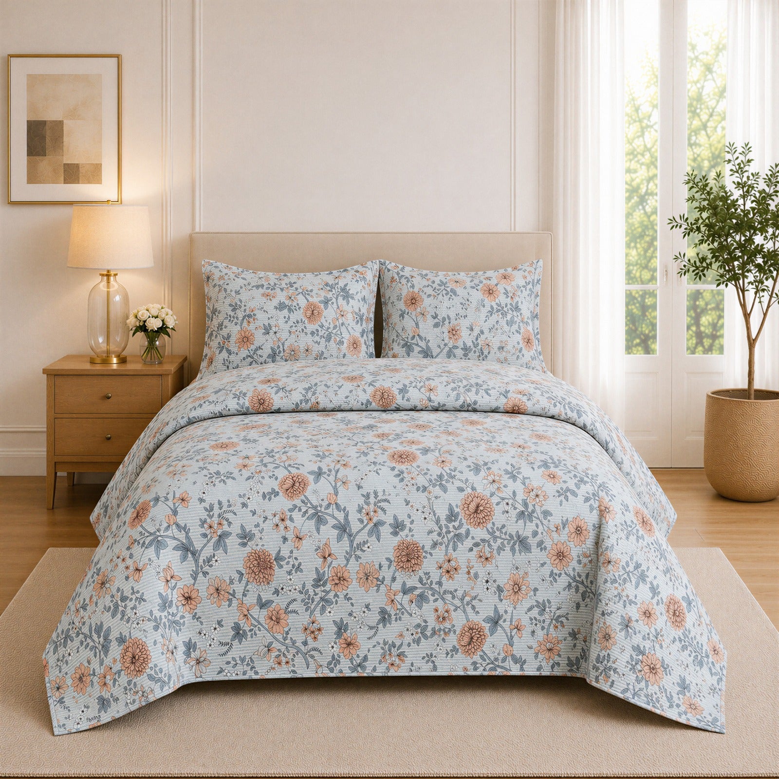 Floral Blue & Peach Quilted Bedspread Set – 3 Piece with 2 Pillow Covers