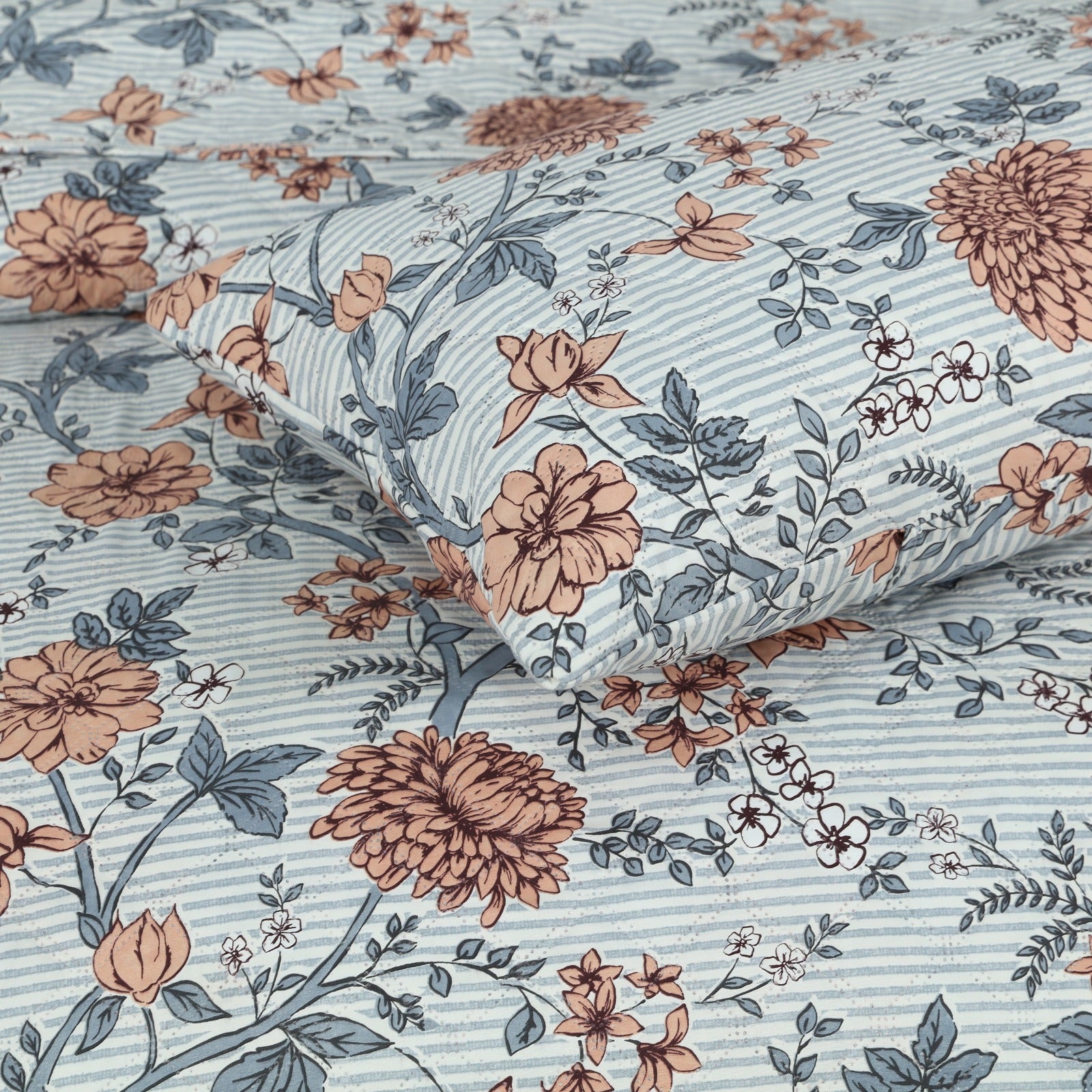 Floral Blue & Peach Quilted Bedspread Set – 3 Piece with 2 Pillow Covers